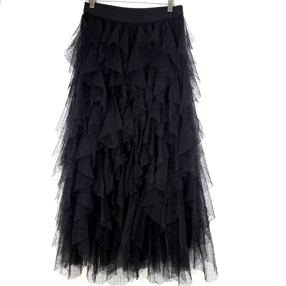 Anthropologie Women’s Black Tiered Ruffle Tulle Maxi Skirt Mesh Size Small